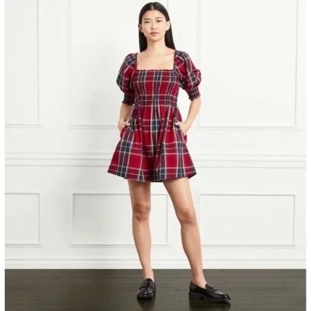 Hill House Home The Nap Dress XS Red Tartan Plaid Smocked Puff Sleeve